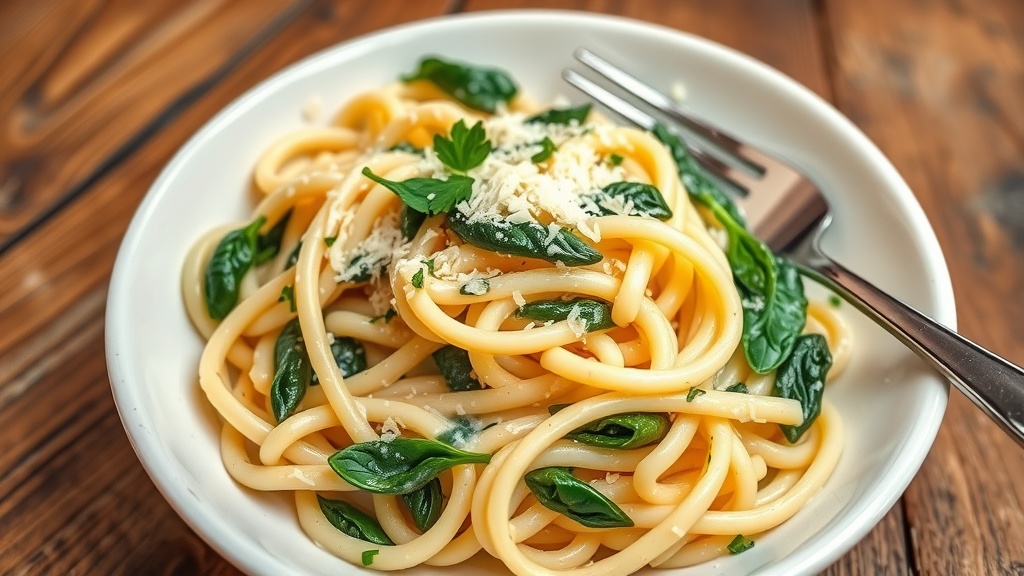 Creamy Spinach Alfredo Pasta Recipe A bowl of Spinach Alfredo Pasta with fettuccine, spinach, and Parmesan on a rustic table.